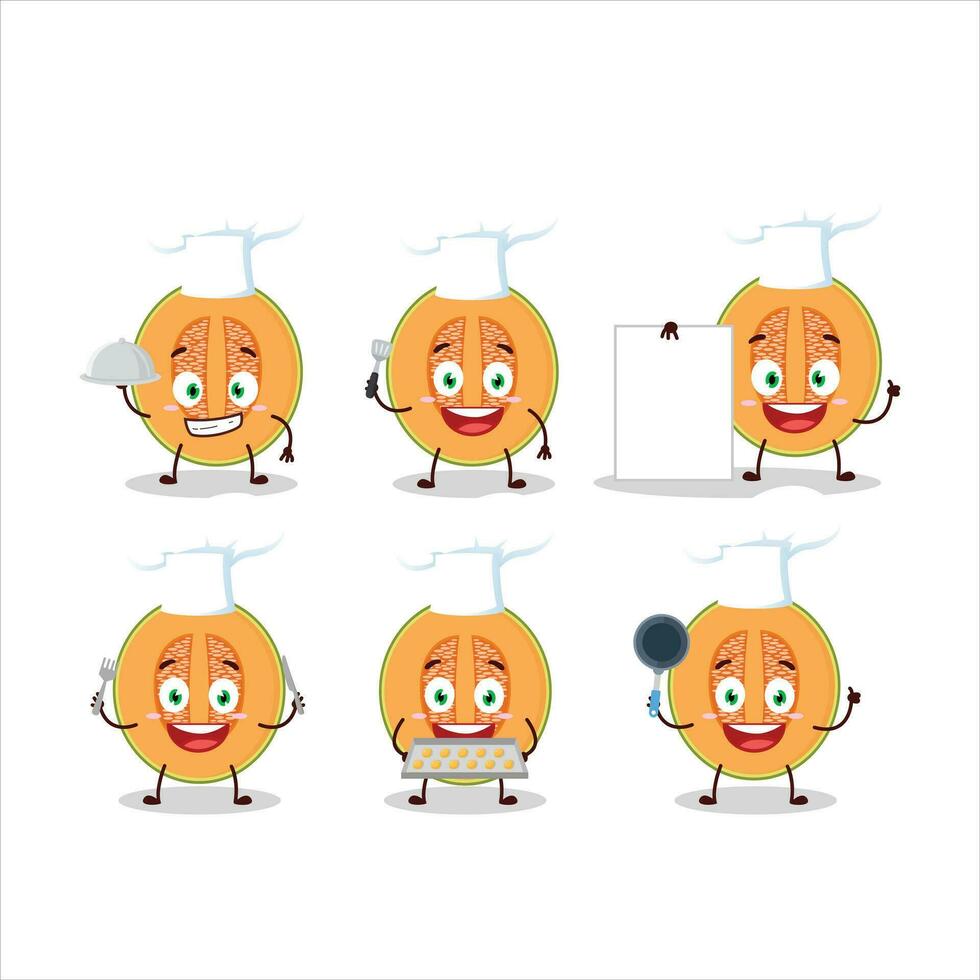 Cartoon character of slice of melon with various chef emoticons vector