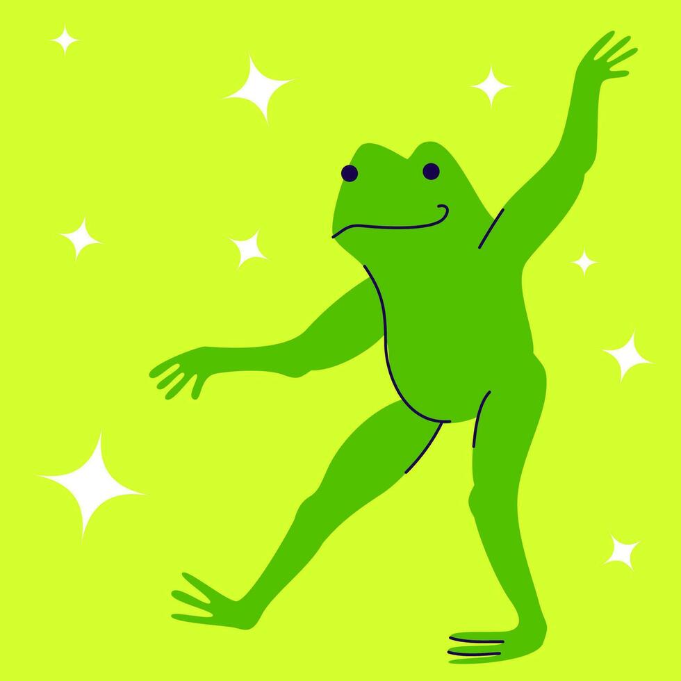 gracioso linda verde rana bailando entre el estrellas. bebé boho animal personaje mano dibujado de moda vector ilustración
