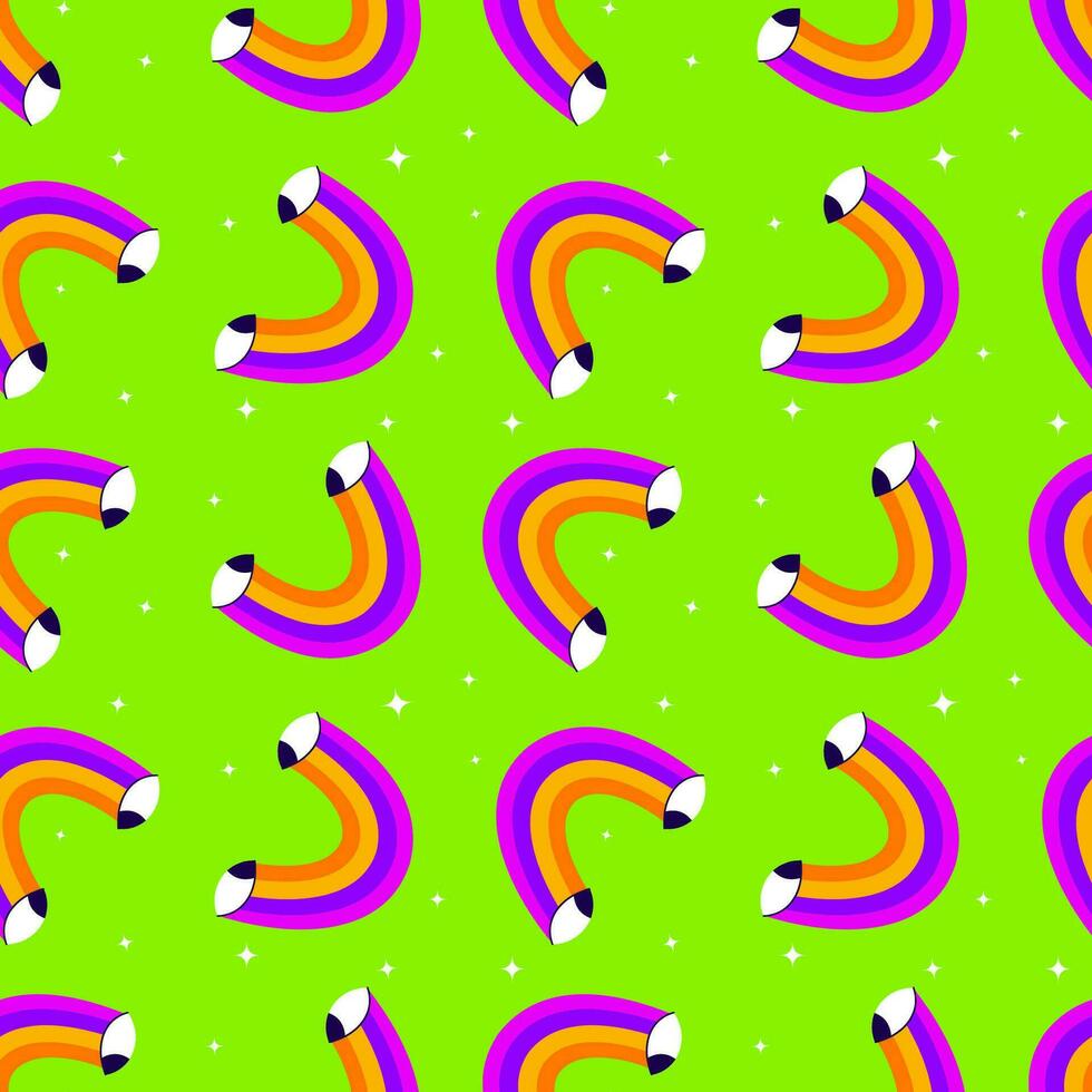 Seamless pattern rainbow with eyes on green background vector