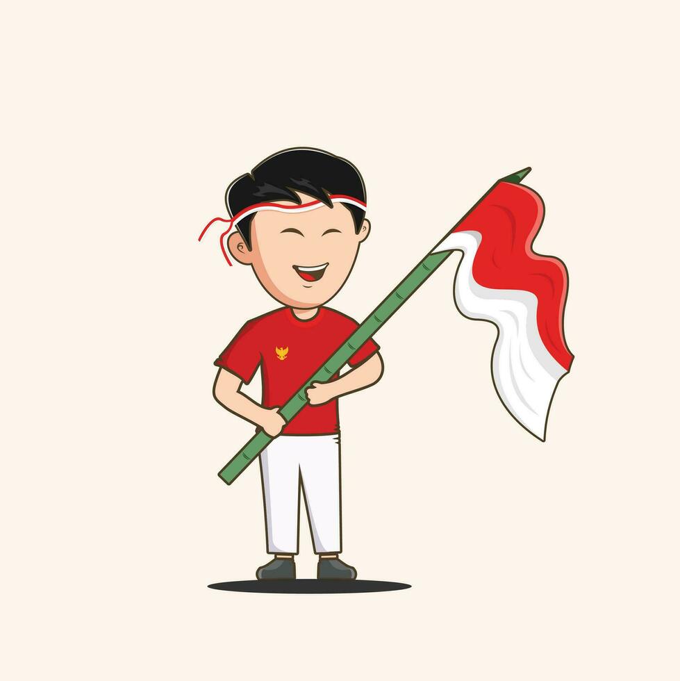 un dibujos animados chico participación un bandera de Indonesia vector