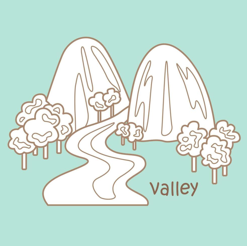 Alphabet V For Valley Vocabulary School Lesson Cartoon Digital Stamp Outline vector