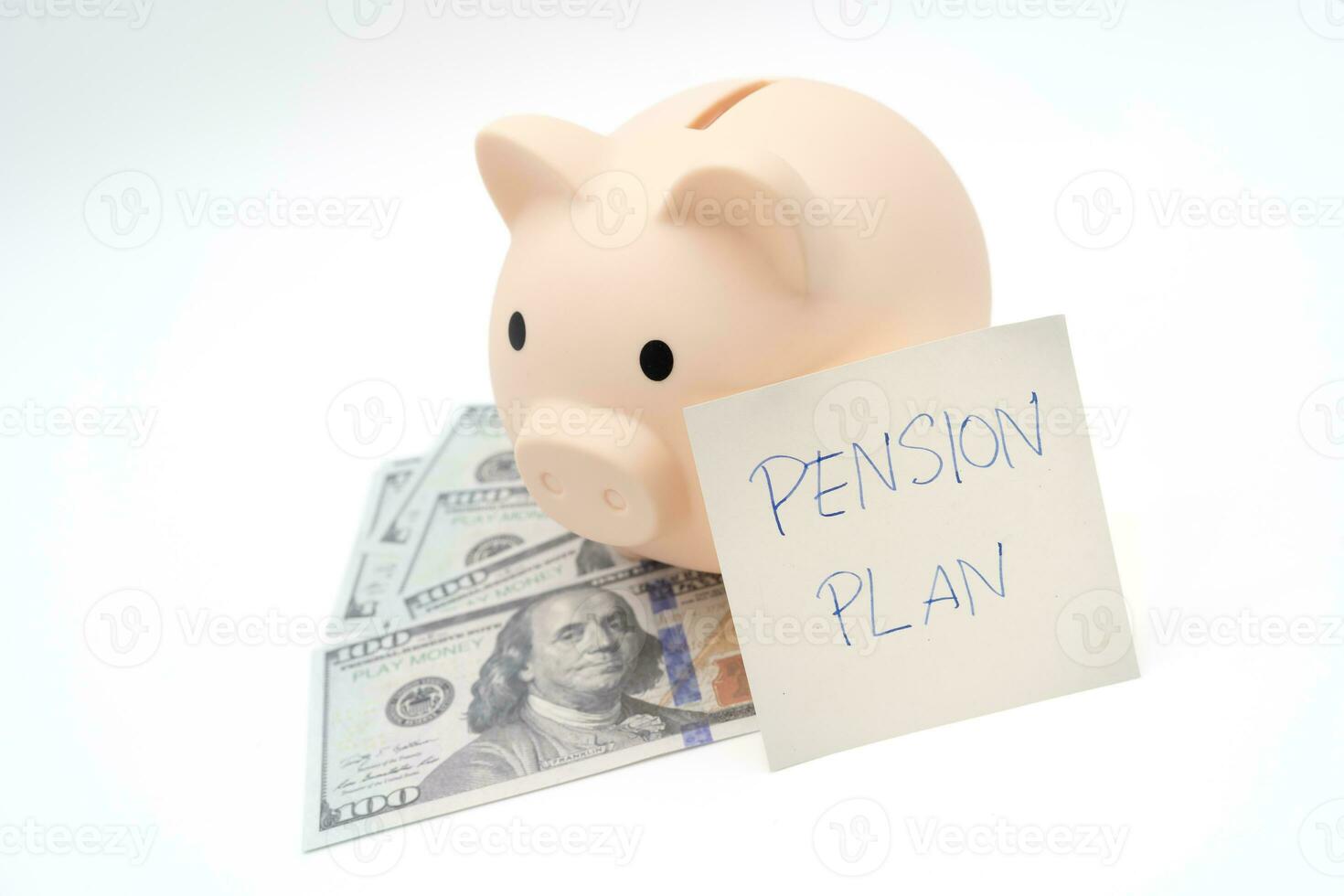 Paper note with text written PENSION PLAN. Investments Concept. Elderly Spouses Saving Money, Pension Plan. Retirement concept. isolate background. photo