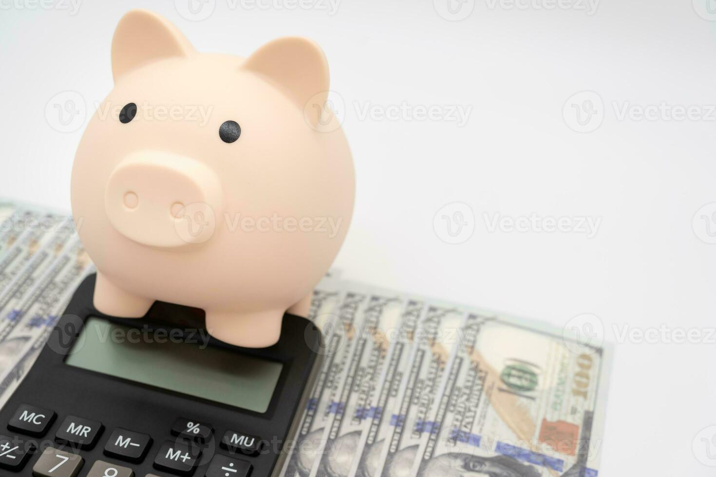 Money budget planning. Piggy bank with calculator on Dollars in isolated background. Finance and business concept. photo