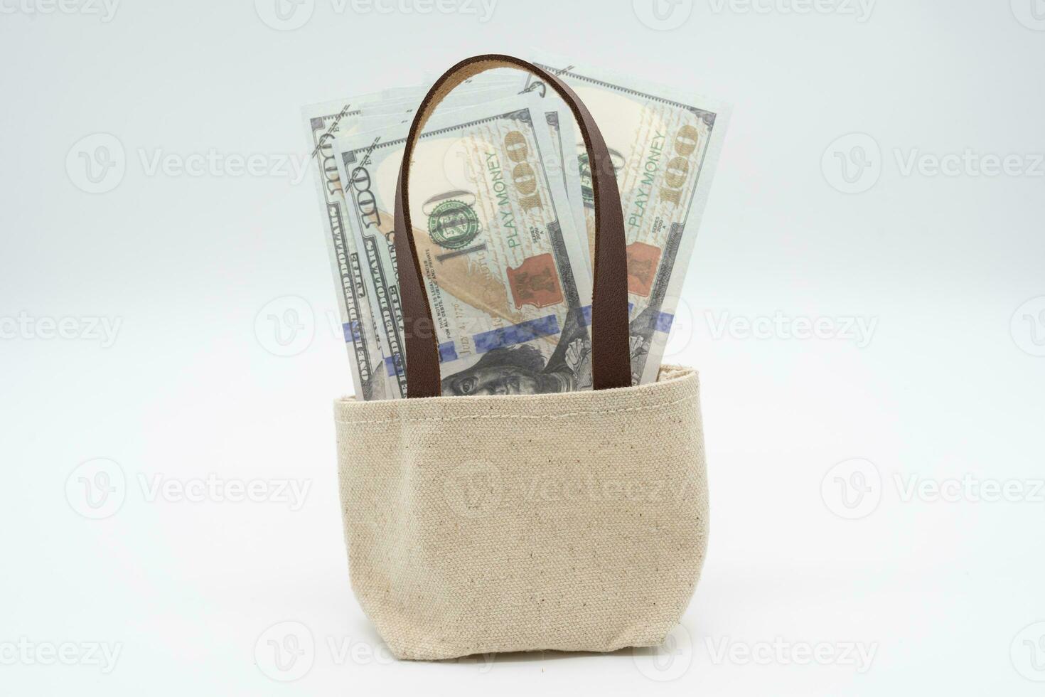 Small bag of dollars on a isolated background. Dollars in a bag as a symbol of savings. Copy space for text, advertising. photo