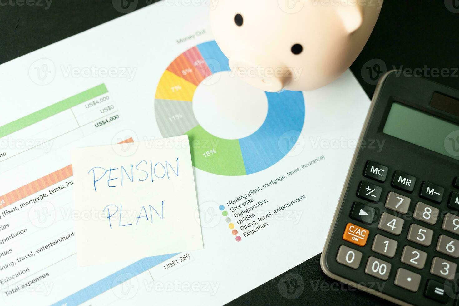 Pension calculation concept, hands counting finances on a home calculator. The concept of pension payments to pensioners. saving money for healthcare medical insurance, planning investment. photo