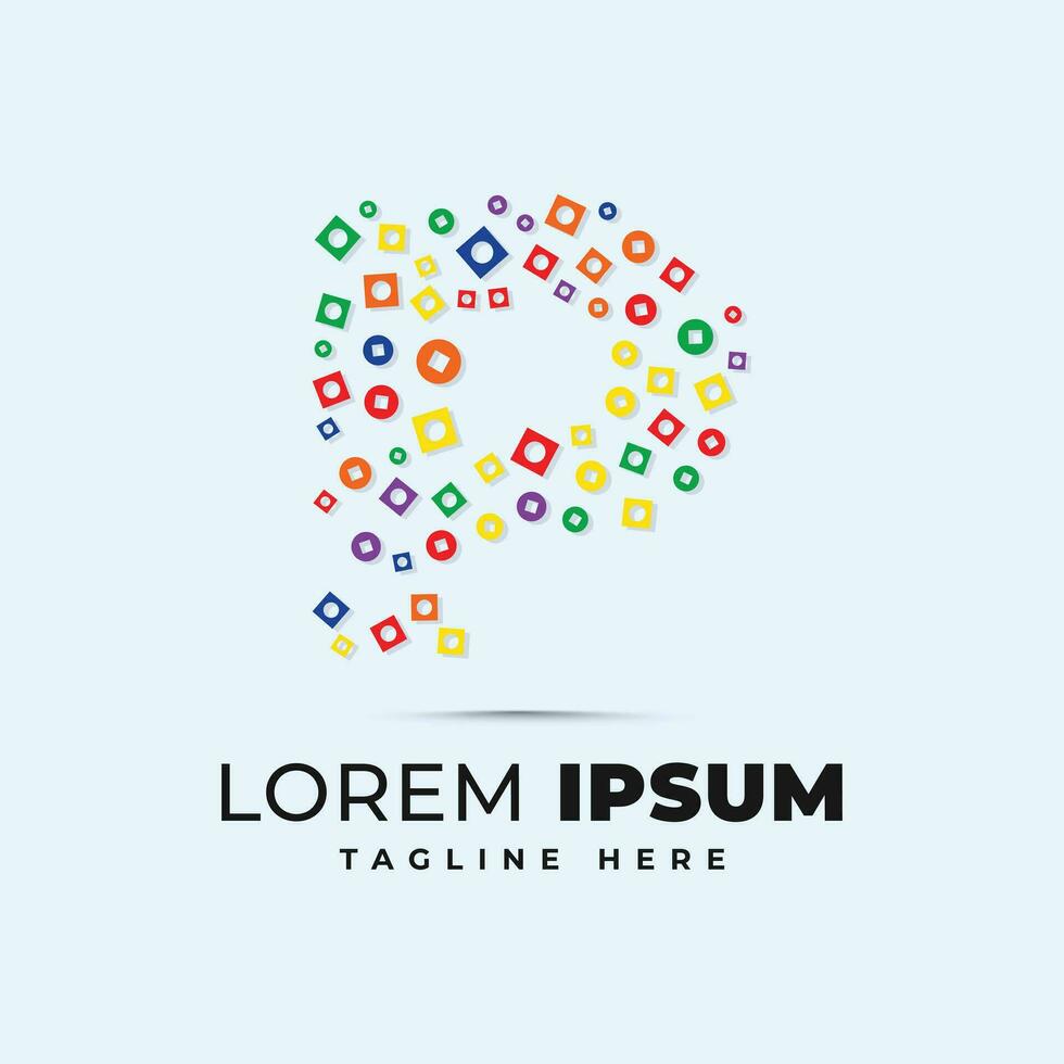 Colorful letter logo template with polka dot circle and square shape pixel vector