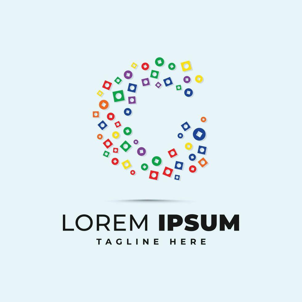 Colorful letter logo template with polka dot circle and square shape pixel vector