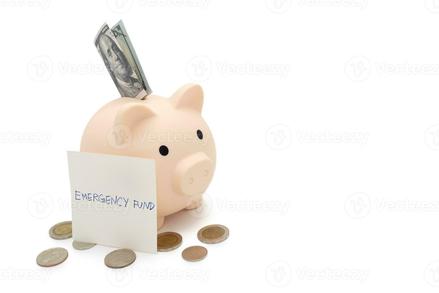 concept of emergency savings fund. A piggy bank with dollar and coins. piggy bank for saving emergency money.Saving for emergency concept. isolated background. photo