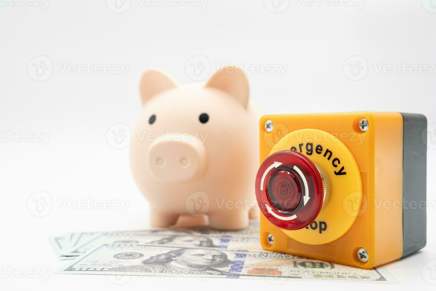 concepto de emergencia ahorros fondo. un cerdito banco con dólar y detener botón. dinero con cerdito banco para ahorro emergencia dinero. foto