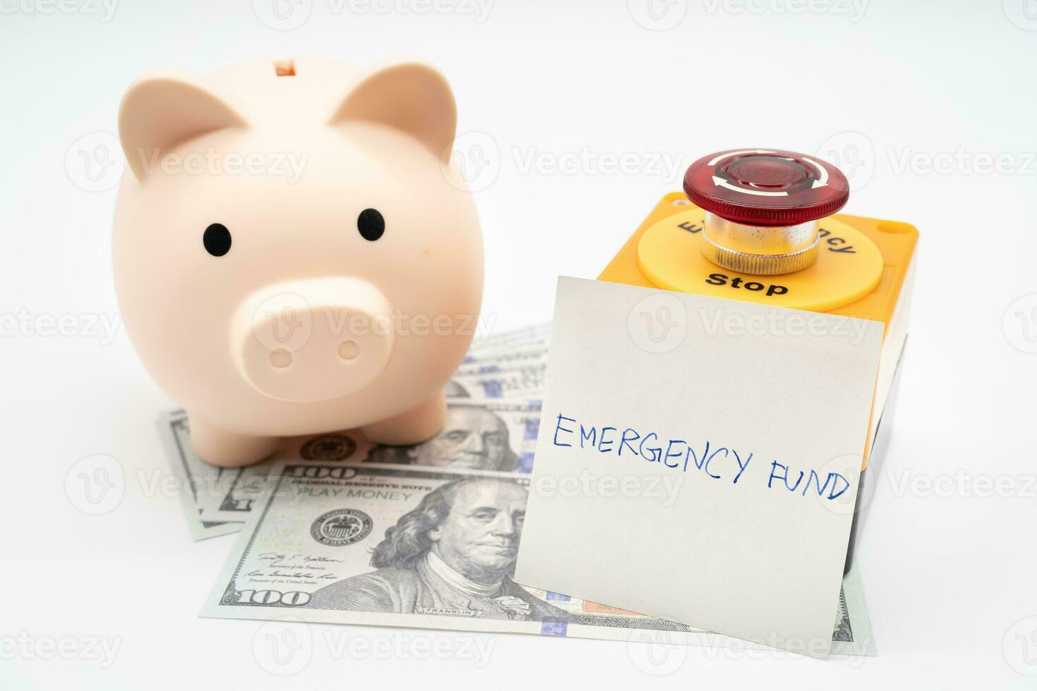 concepto de emergencia ahorros fondo. un cerdito banco con dólar y detener botón. dinero con cerdito banco para ahorro emergencia dinero. foto