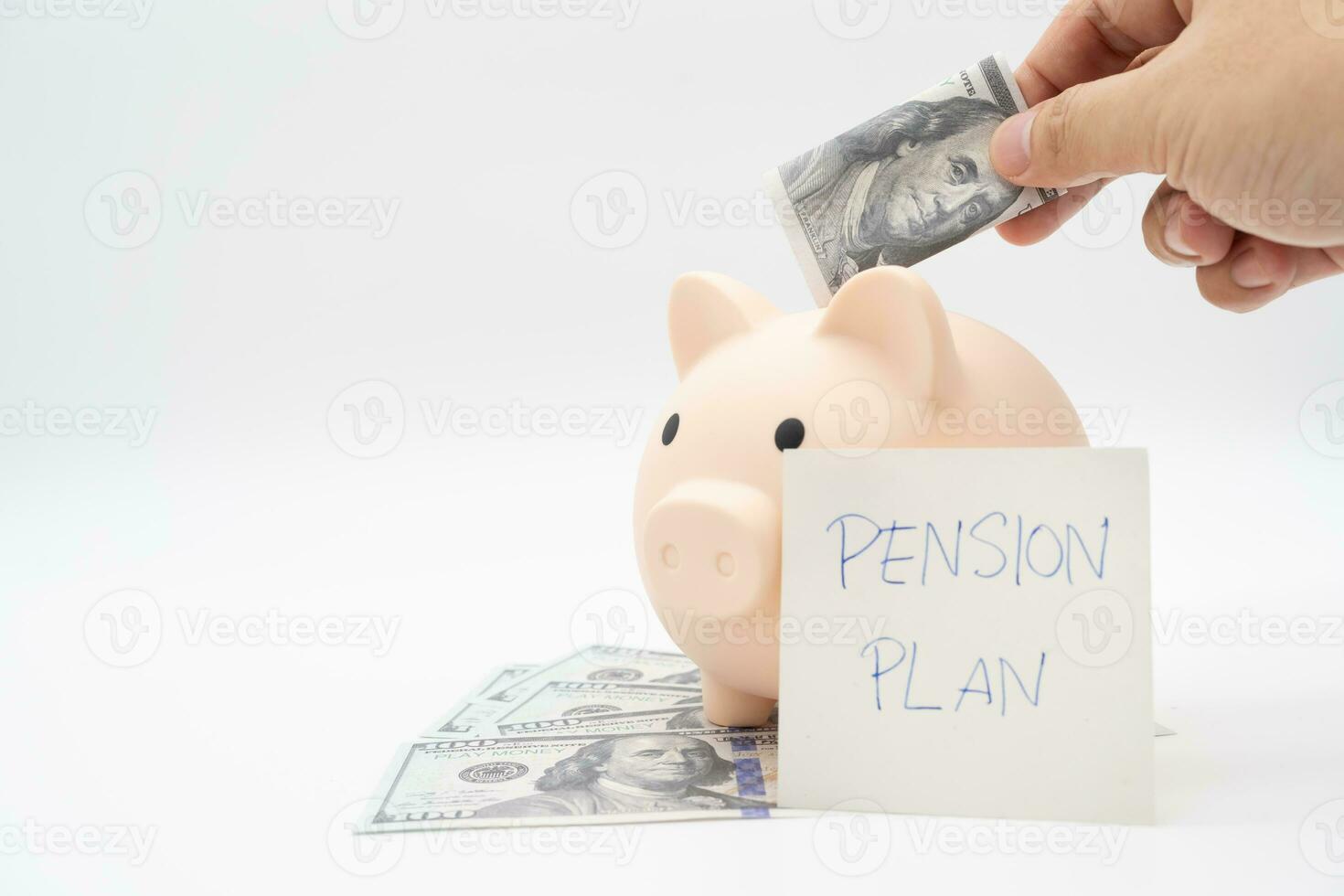 Paper note with text written PENSION PLAN. Investments Concept. Elderly Spouses Saving Money, Pension Plan. Retirement concept. isolate background. photo