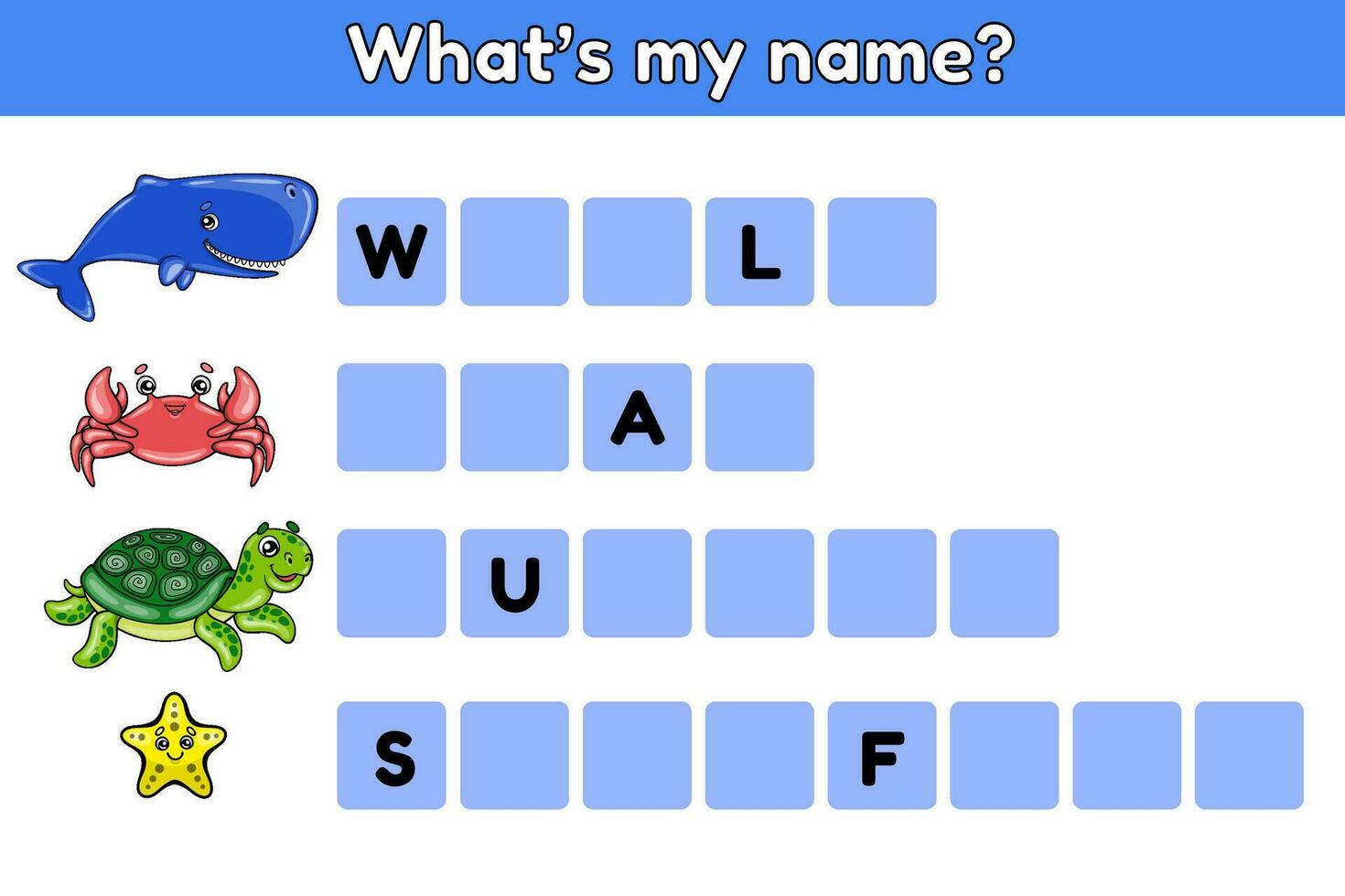 Educational game for kids. Write the missing letters. Exercise for Spelling training english words on theme sea animals. Worksheet for education children. Cartoon whale, crab, turtle, starfish. Vector