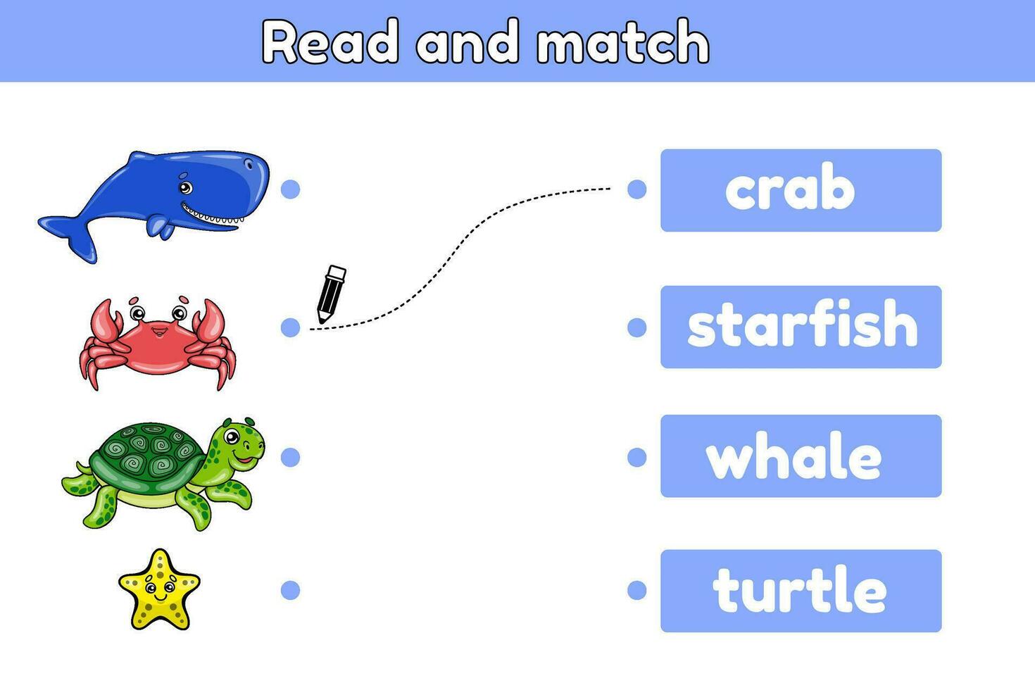 Educational game for children. Read and match the sea animal with the matching word. Kids worksheet for learning english vocabulary. Task for education. Cartoon turtle, whale, crab, starfish. Vector. vector