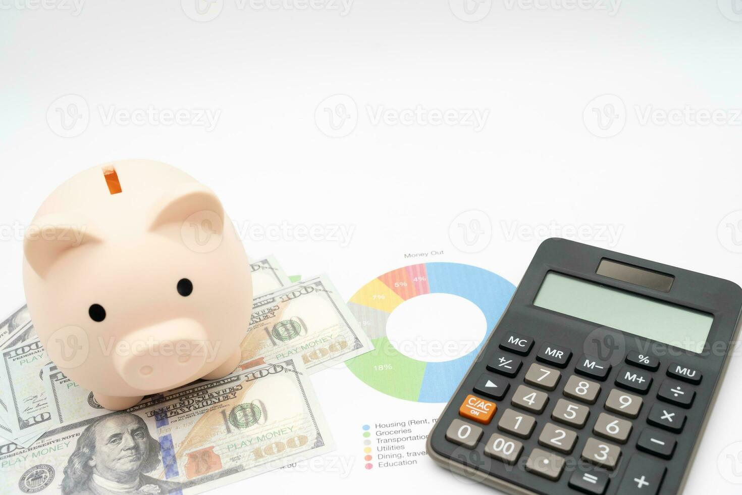 Concept of emergency savings fund. A piggy bank with dollar and stop button. money with piggy bank for saving emergency money. photo