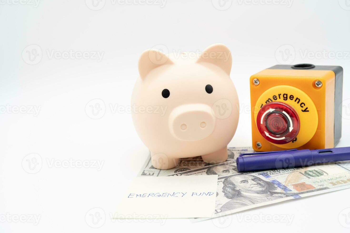 concepto de emergencia ahorros fondo. un cerdito banco con dólar y detener botón. dinero con cerdito banco para ahorro emergencia dinero. foto