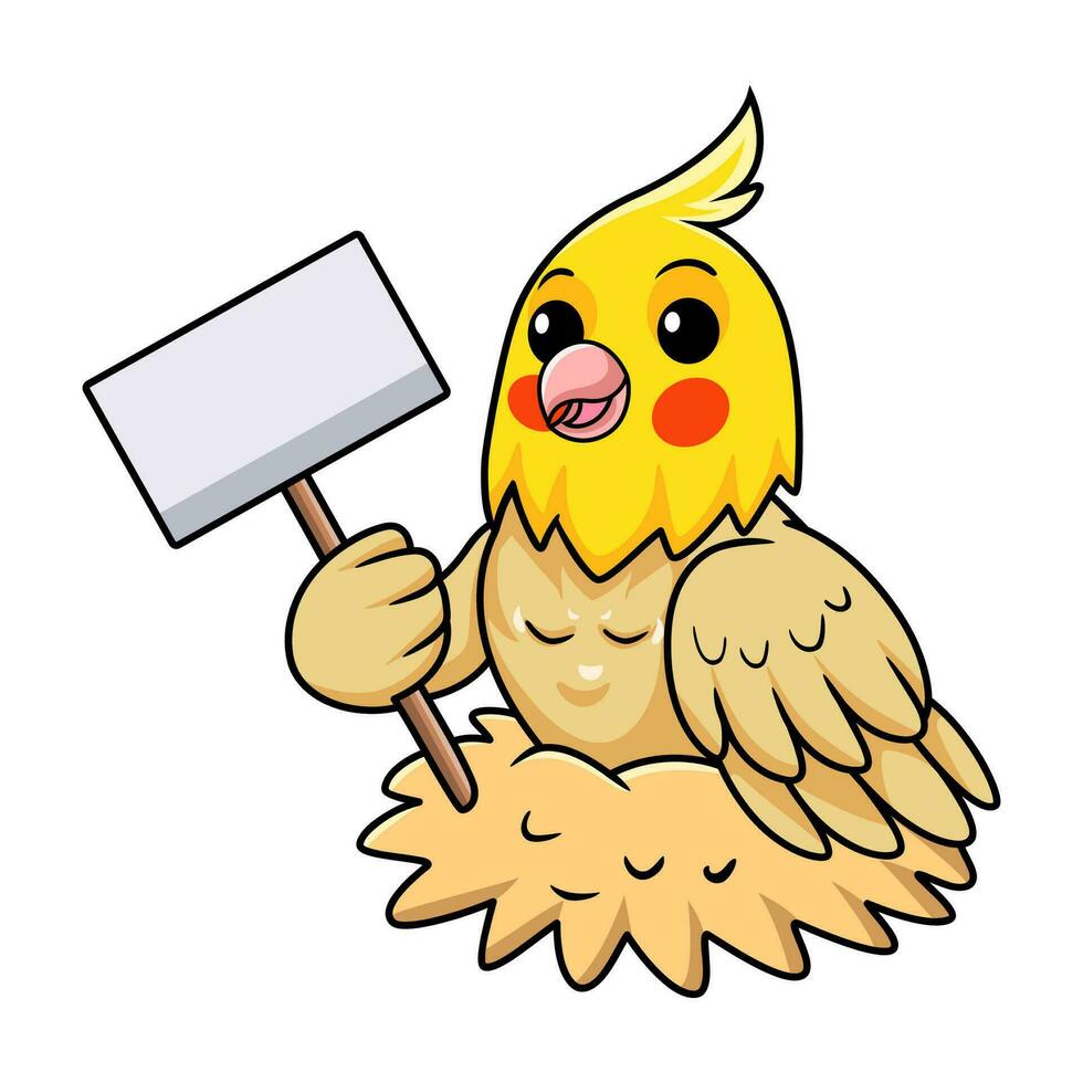 Cute lutino cockatiel bird cartoon holding blank sign vector