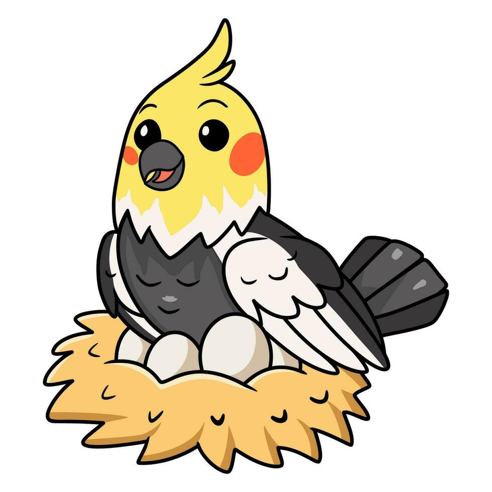 Cute grey cockatiel bird cartoon with eggs in the nest vector