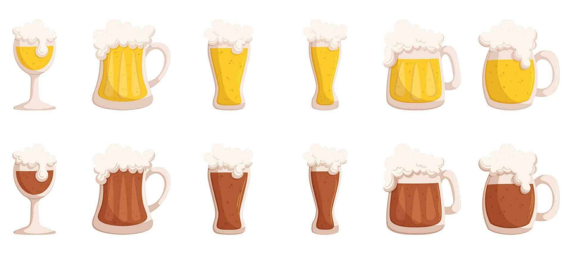 Vector illustration of a variety of beer mugs showcasing different types of beer. Hand drawn cartoon illustration