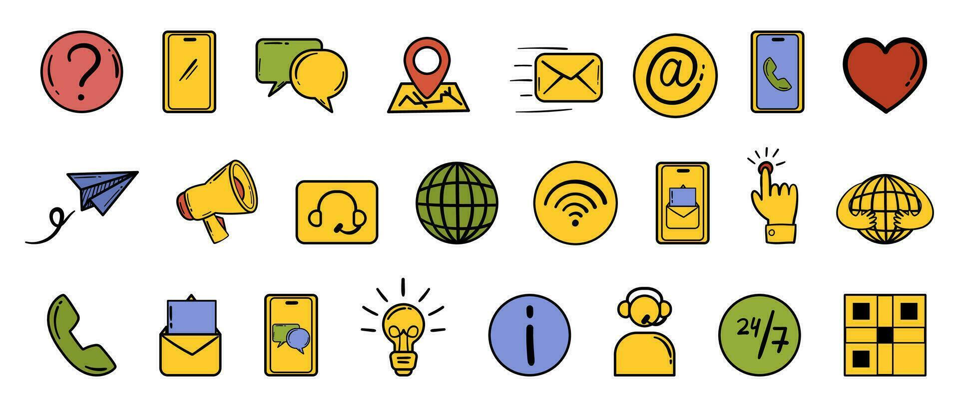 Contact us icon collection in hand drawn doodle line and color style. Vector set with customer support symbols - chat, email, phone and others.