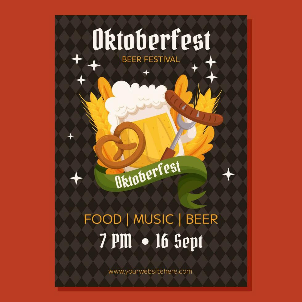 Oktoberfest German beer festival poster template. Design with glass of beer, pretzel and fork with sausage, wheat and leaves. Rhombus pattern on back vector