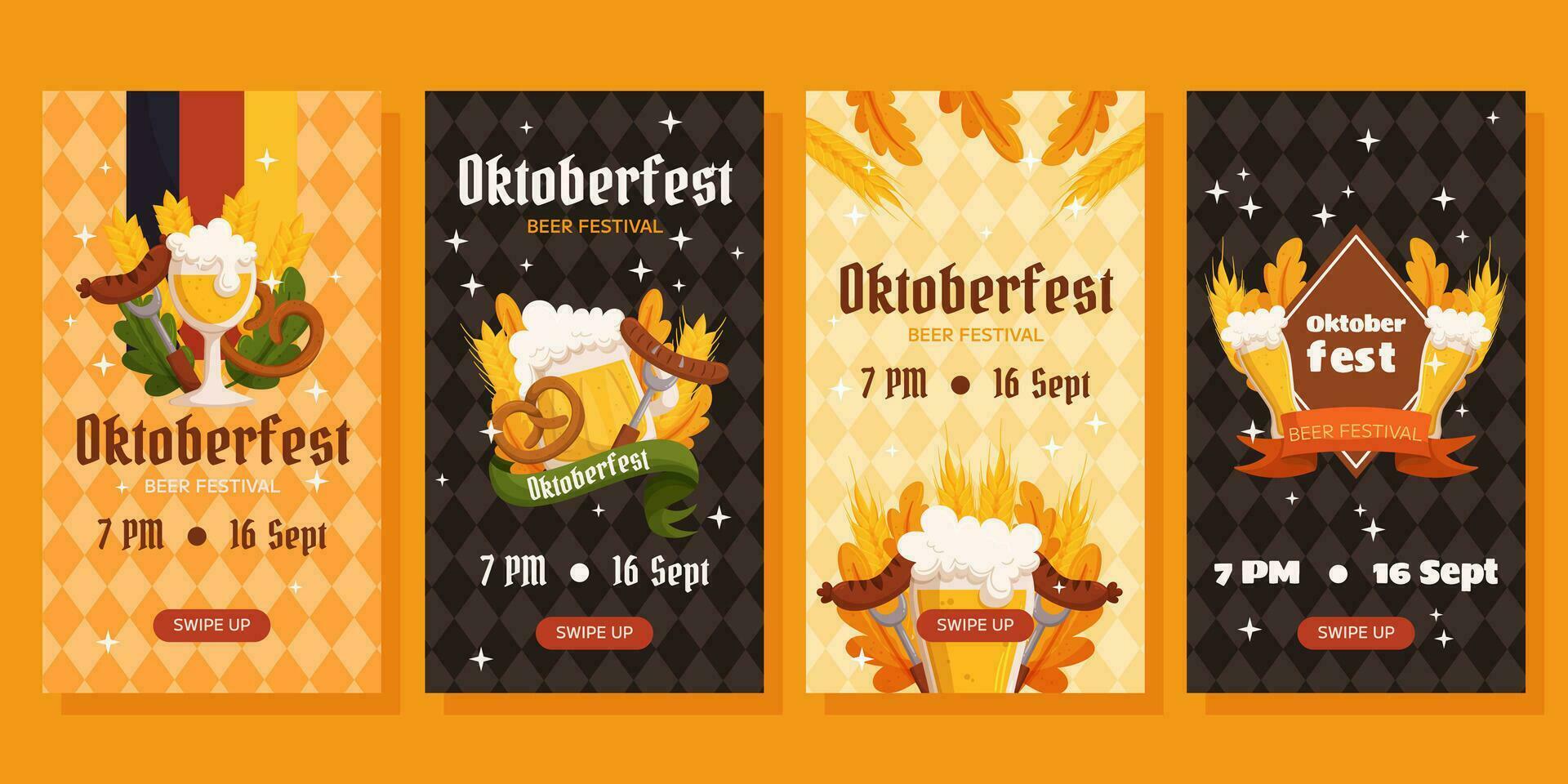 Oktoberfest German beer festival vertical social media stories collection. Designs with glass of beer, wheat and leaves, fork, sausage and flags. Rhombus pattern on back vector