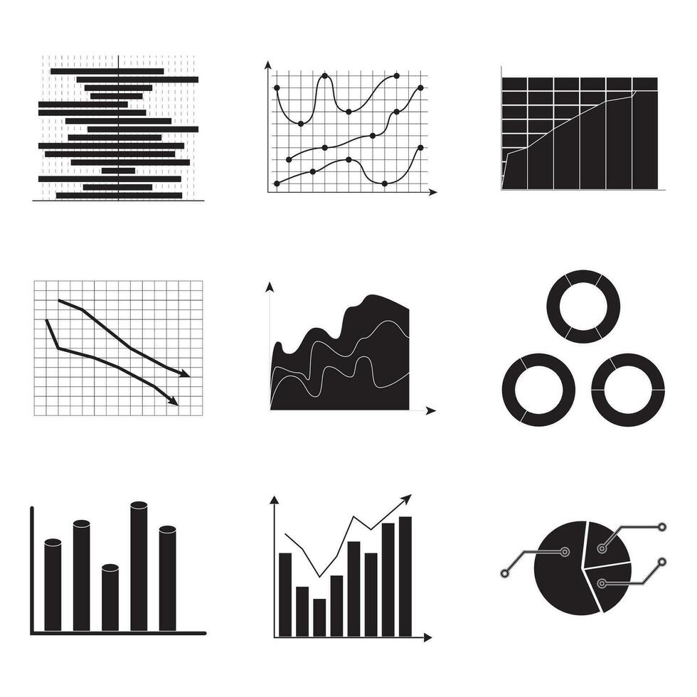 Black white charts set for economy and analytics, vector illustration