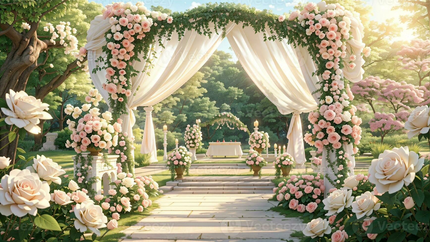 al aire libre jardín Boda lugar de eventos con floral decorado arco soportes foto