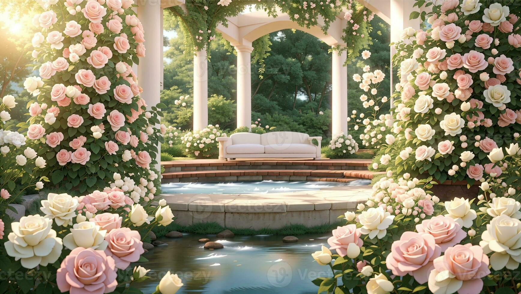 Romantic Rose Garden with Gazebo and Pond Background 27391275 Stock