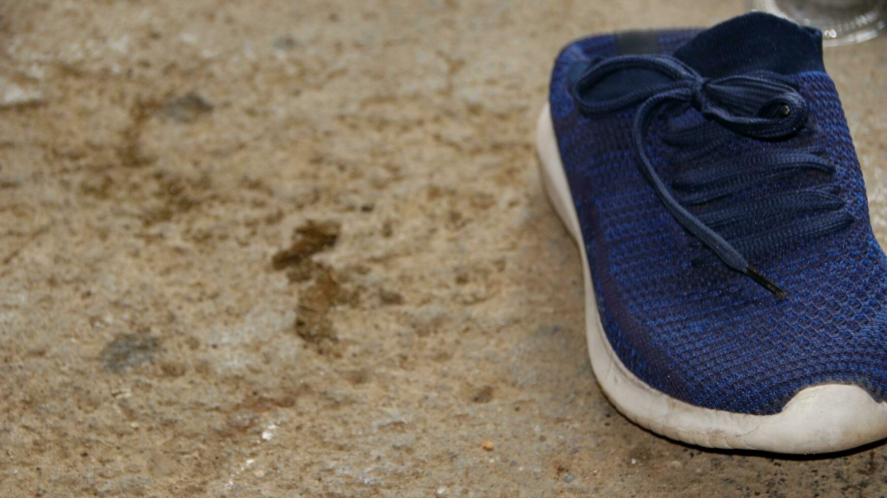 blue sport shoes, blue sneakers on dirty floor photo