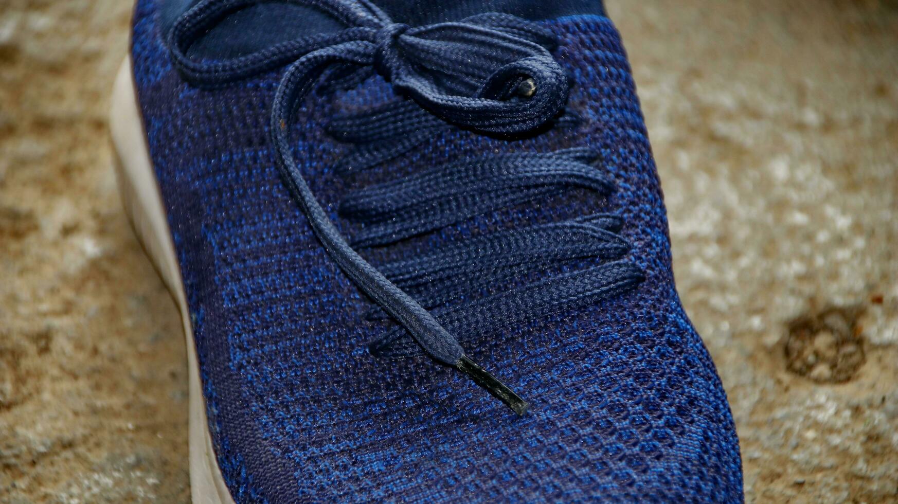 blue sport shoes, blue sneakers on dirty floor photo