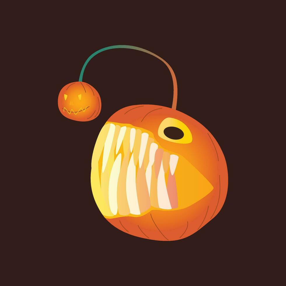 Halloween pumpkins, autumn holiday. A pumpkin fish with a carved smile and big teeth. vector