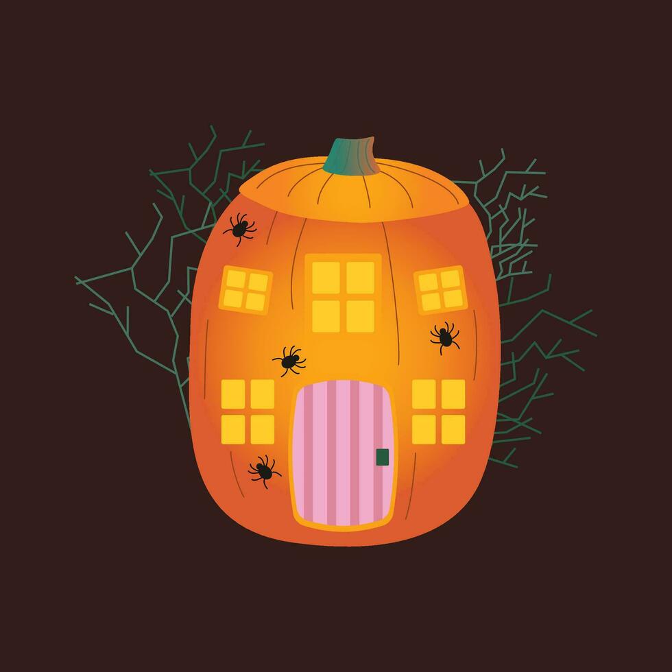 Halloween pumpkins, autumn holiday. Pumpkin house with carved windows, doors and spiders. vector