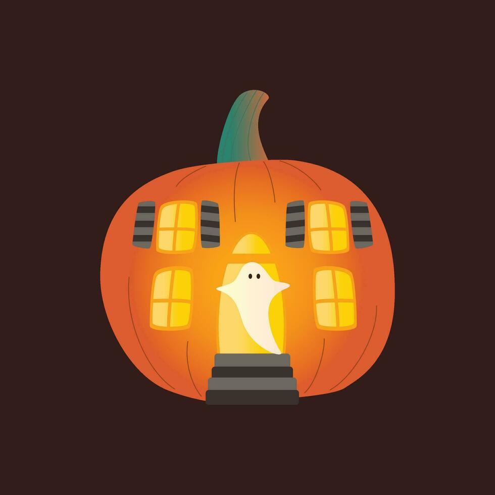 Halloween pumpkins, autumn holiday. Pumpkin house with cut out windows, doors and ghost. vector
