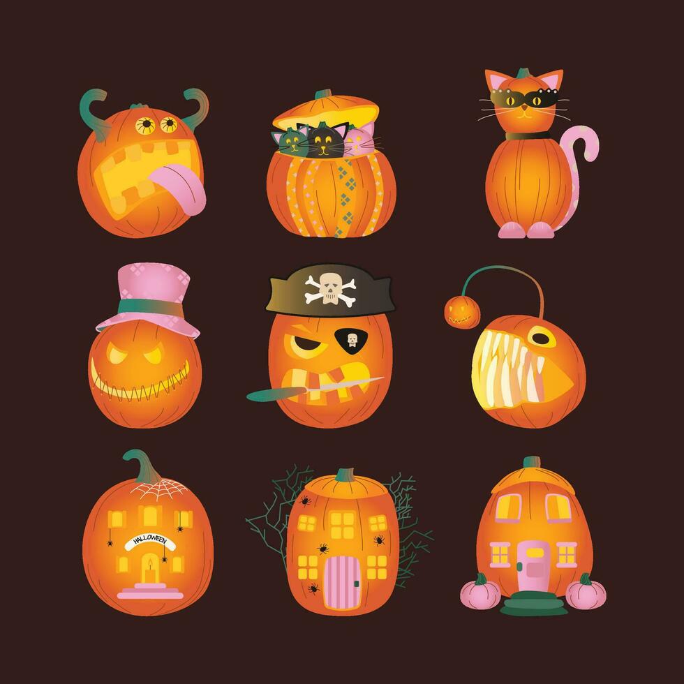 Set of Halloween pumpkins, autumn holiday. A pumpkin with a carved smile. vector