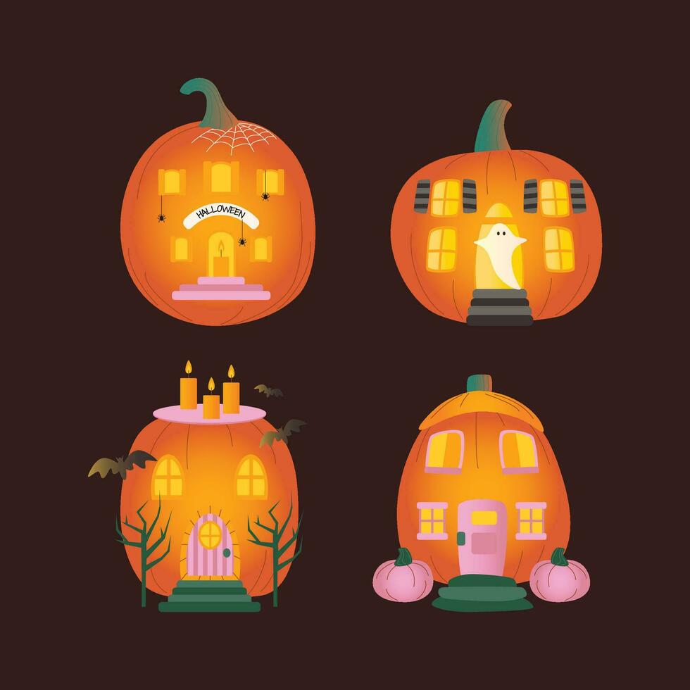 Set of Halloween pumpkins, autumn holiday. Pumpkin house with cut out windows. vector
