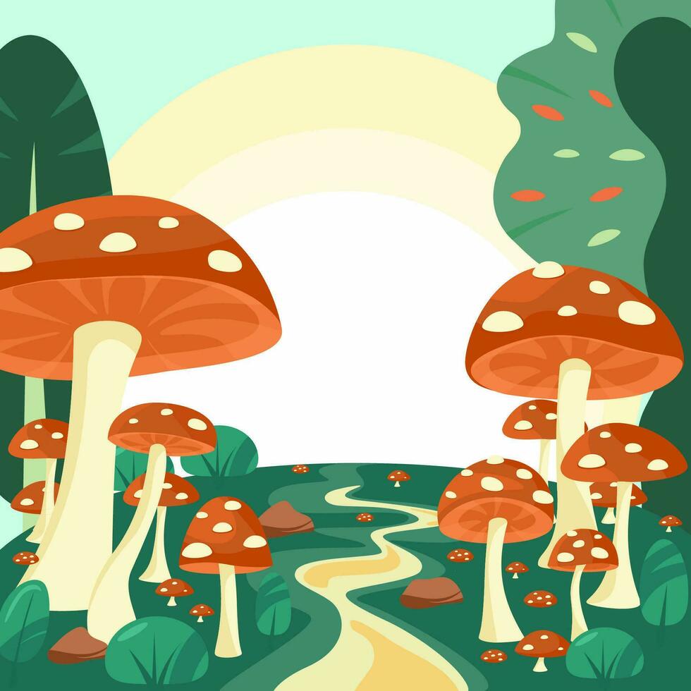 Mushrooms in magic forest. Fantastic woods landscape with trees, mushrooms, Large fly agaric, grass in mystic light, path and stones. Vector cartoon illustration.