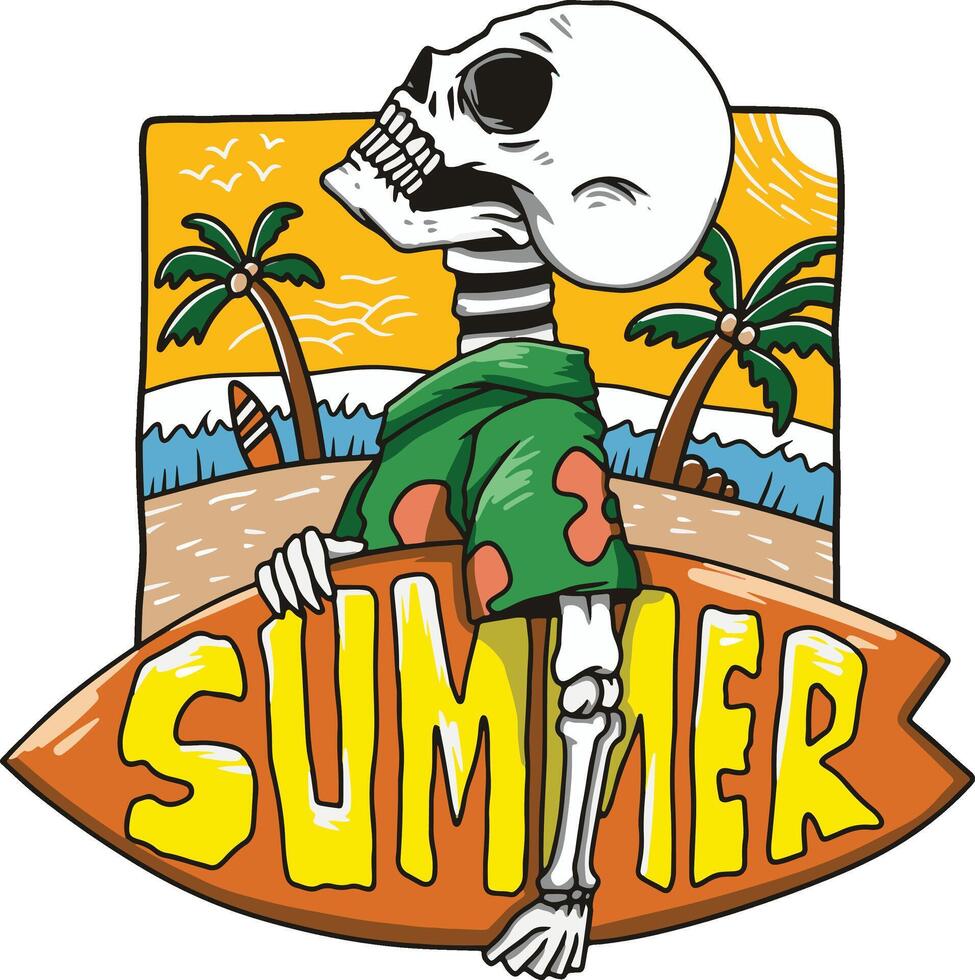 Illustration of a skeleton holding a surfing board with beach background on summer day. Suitable for t shirt design, sticker, poster, etc vector