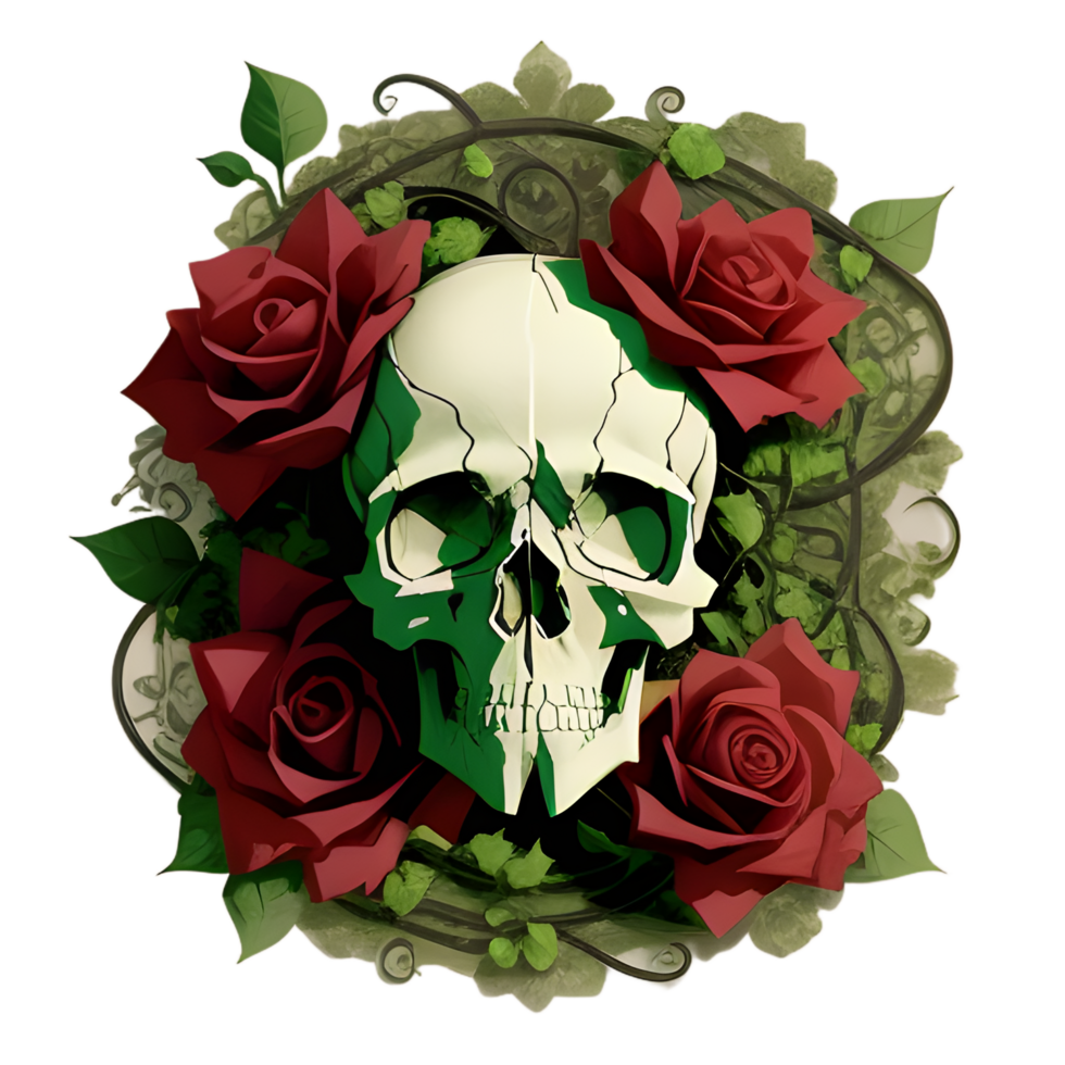 skulls, flowers and vines on a transparent background by ai generator png
