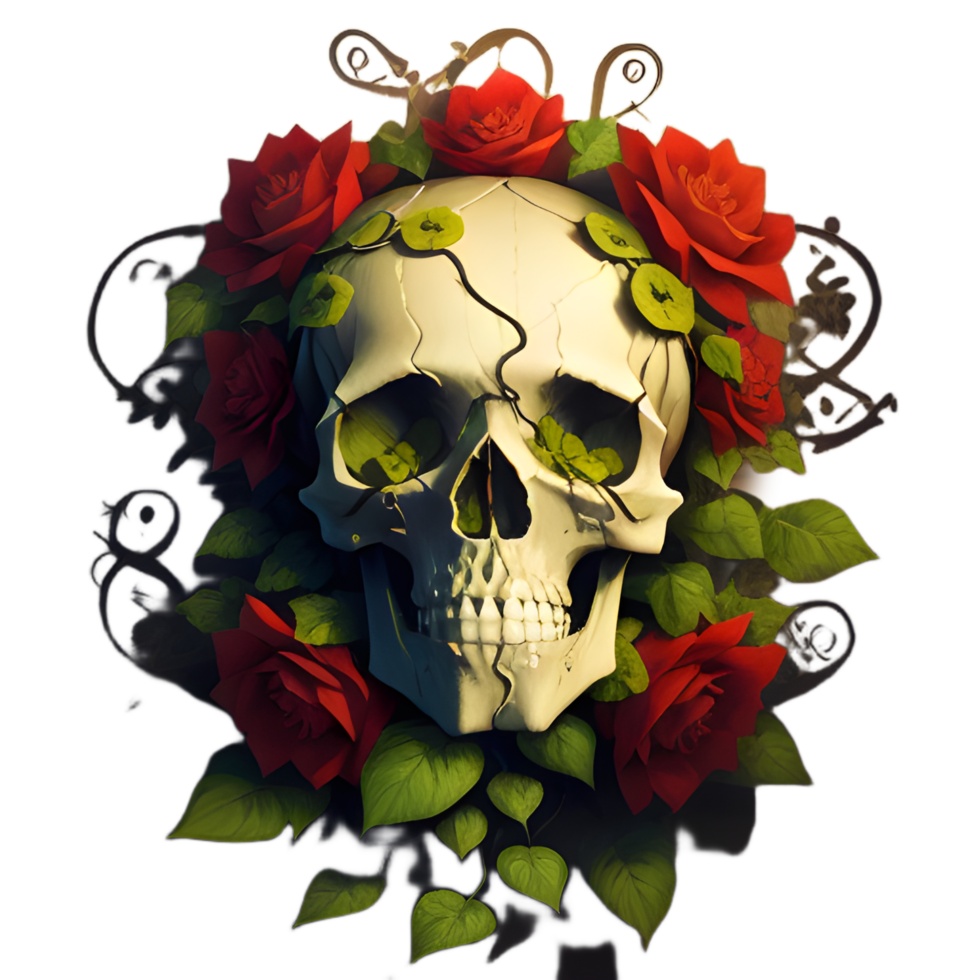 skulls, flowers and vines on a transparent background by ai generator png