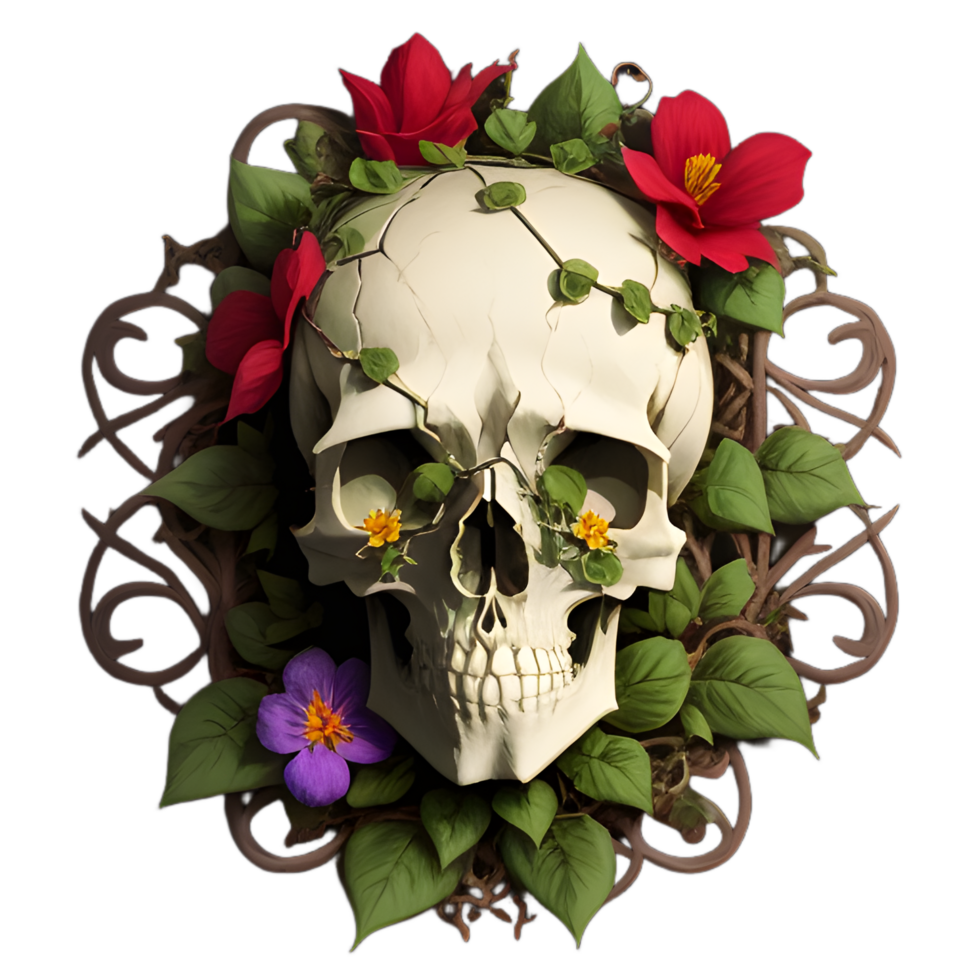 skulls, flowers and vines on a transparent background by ai generator png