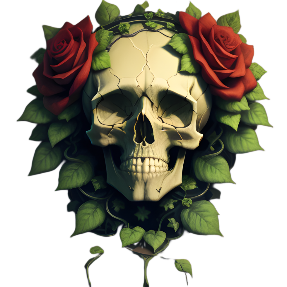 skulls, flowers and vines on a transparent background by ai generator png