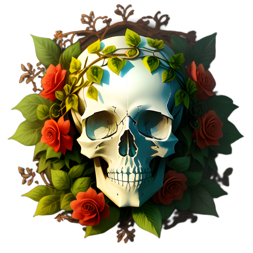 skulls, flowers and vines on a transparent background by ai generator png