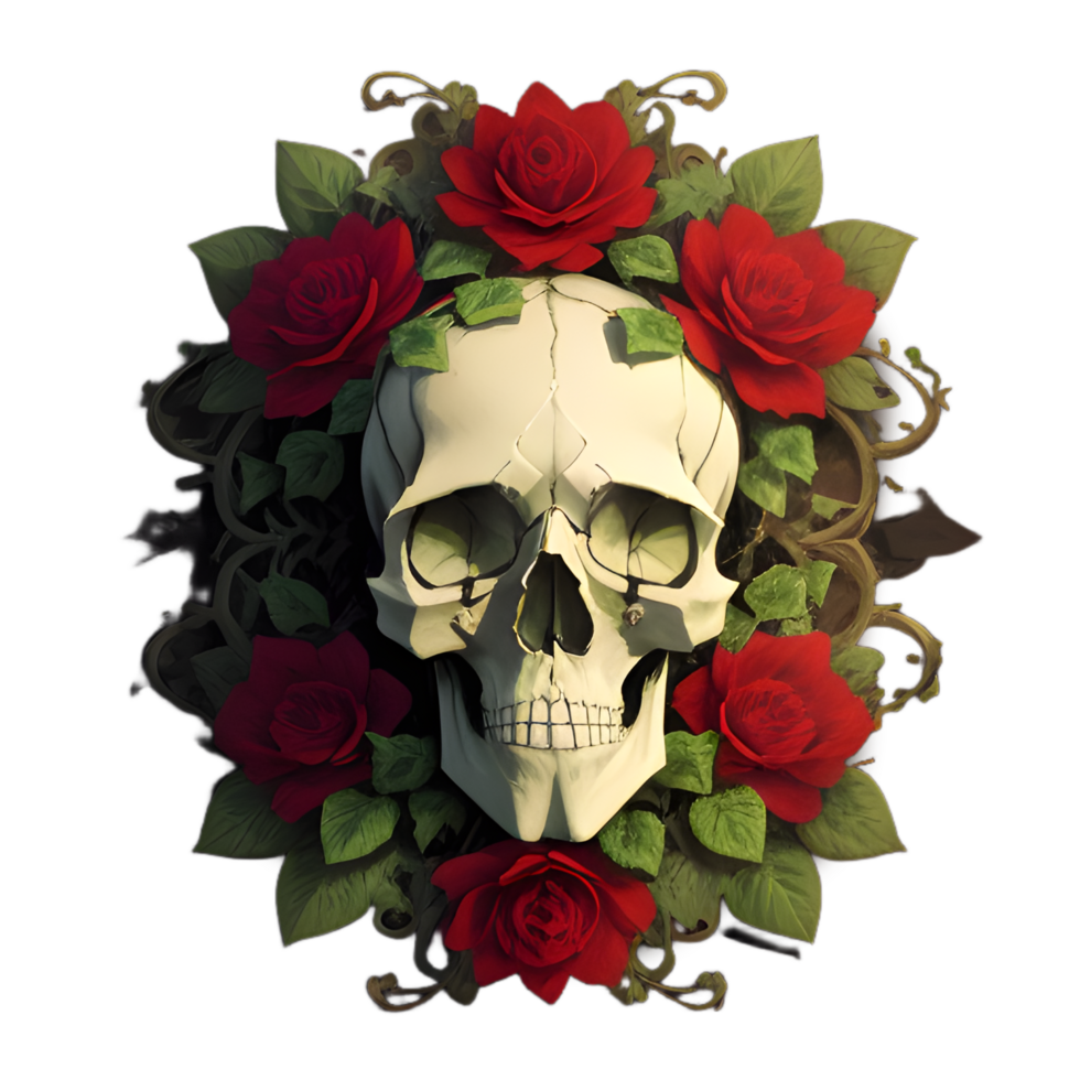 skulls, flowers and vines on a transparent background by ai generator png