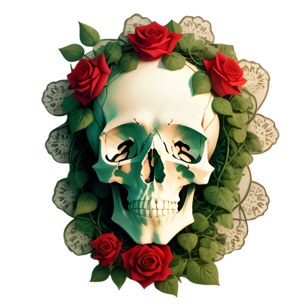 skulls, flowers and vines on a transparent background by ai generator png