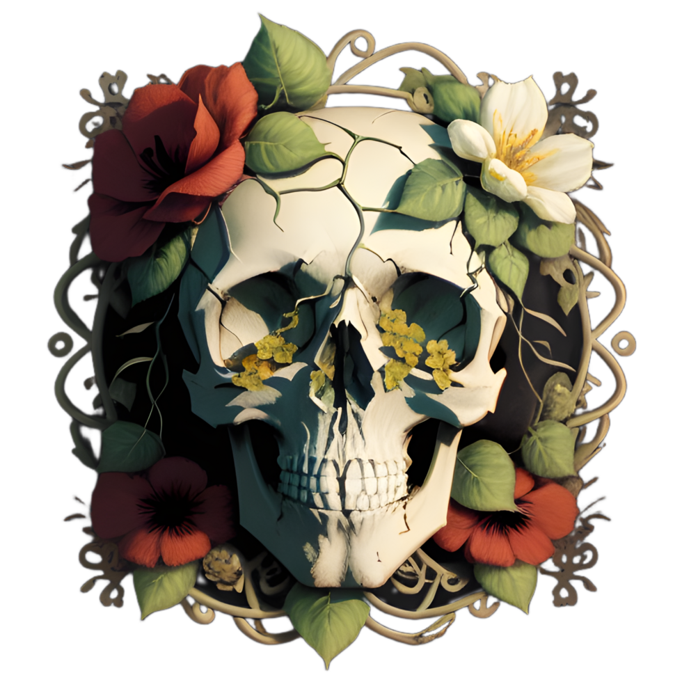 skulls, flowers and vines on a transparent background by ai generator png