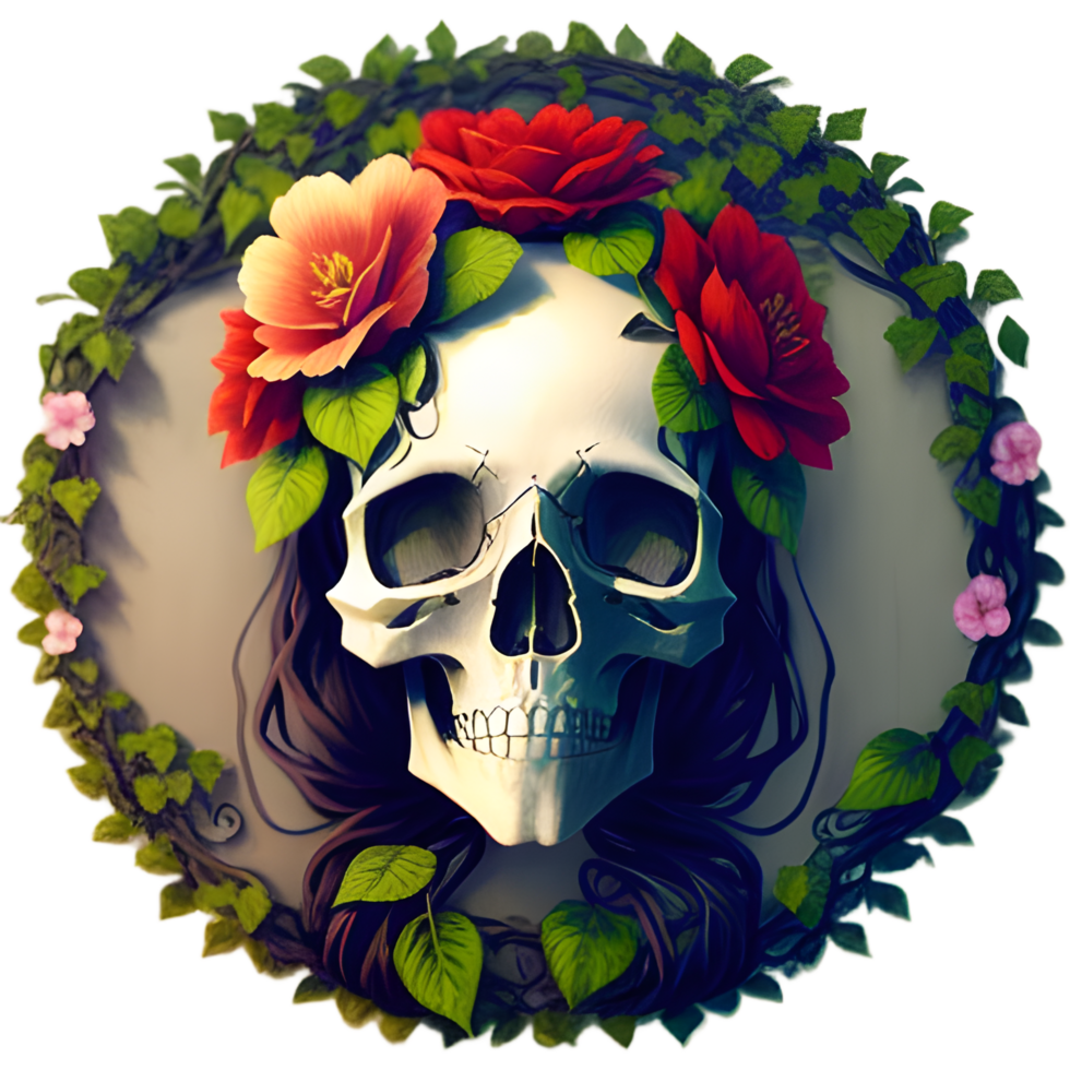 skulls, flowers and vines on a transparent background by ai generator png