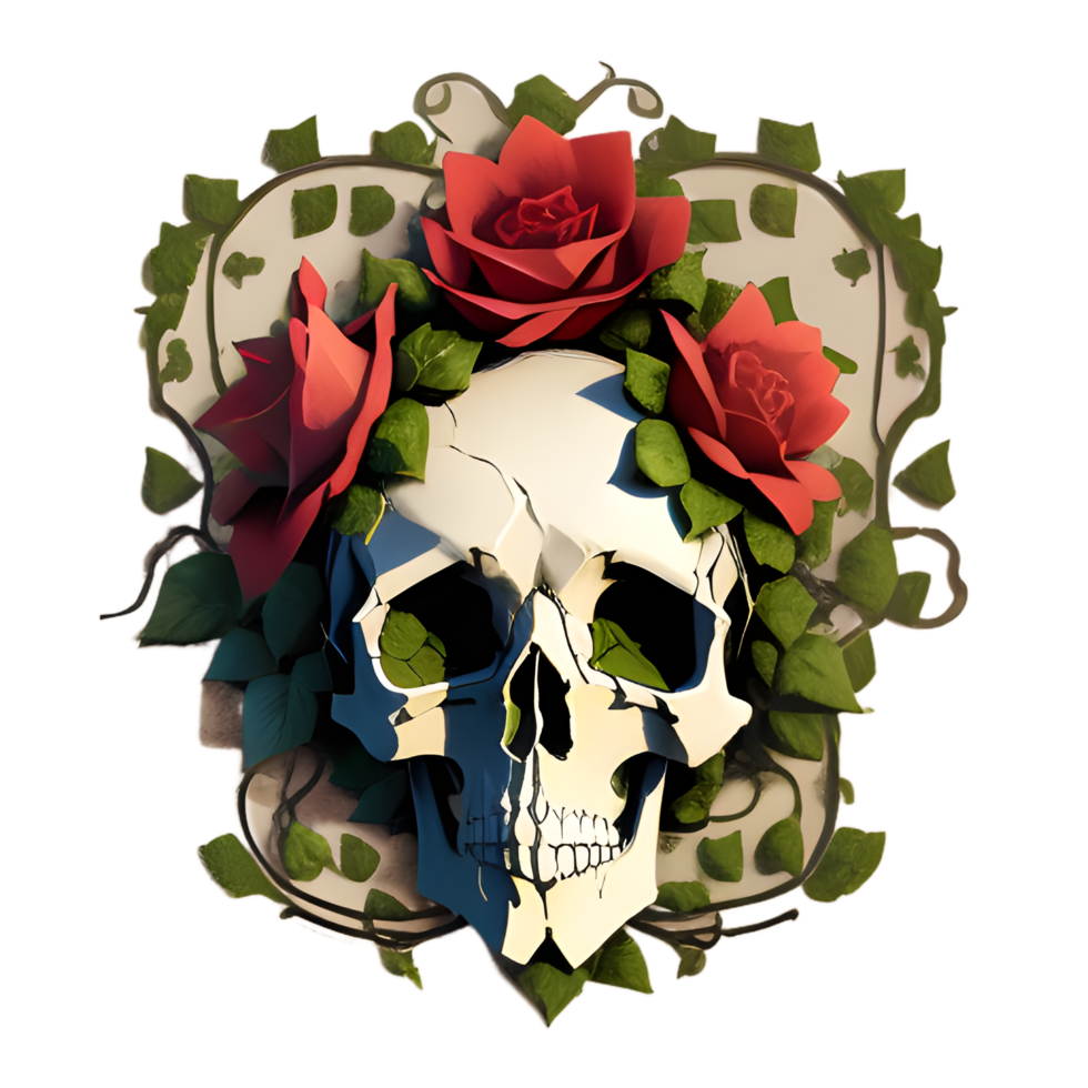 skulls, flowers and vines on a transparent background by ai generator png