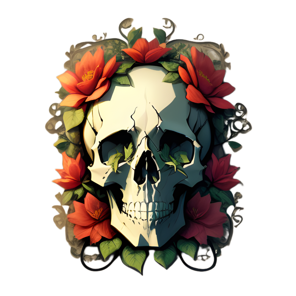 skulls, flowers and vines on a transparent background by ai generator png