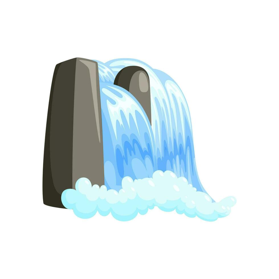 Waterfall cascade in splashing down with foam. Isometric cascade of water in rocky scene isolated in white background. Vector illustration