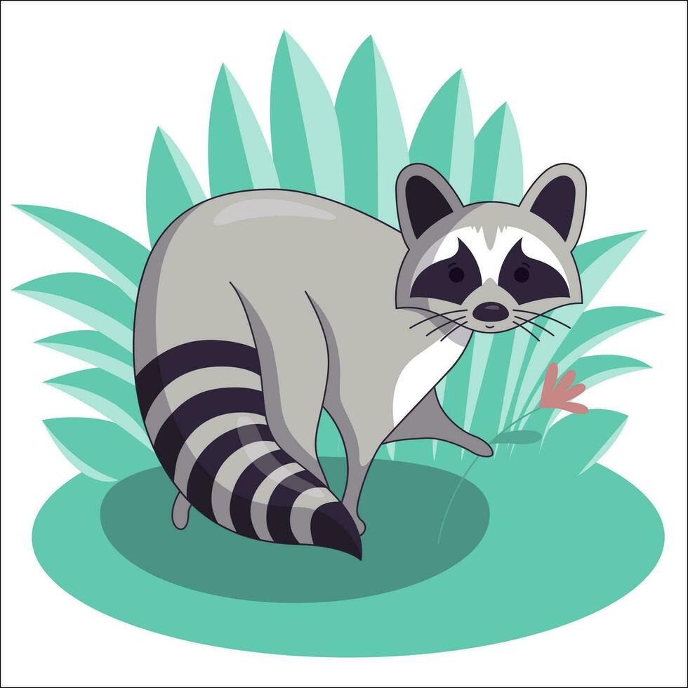 Raccoon in the grass background. Vector in cartoon style